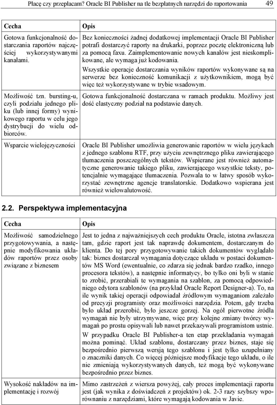 2. Perspektywa implementacyjna Cecha Możliwość samodzielnego przygotowywania, a następnie modyfikowania układów raportów przez osoby związane z biznesem Wysokość nakładów na implementację i rozwój