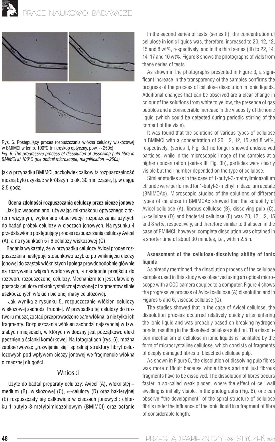 The progressive process of dissolution of dissolving pulp fibre in BMIMCl at 100 C (the optical microscope, magnification ~250x) jak w przypadku BMIMCl, aczkolwiek całkowitą rozpuszczalność można