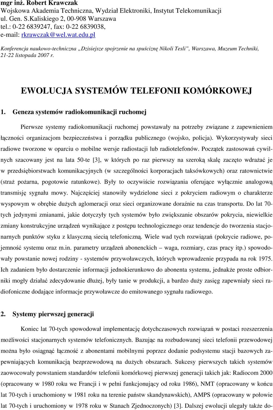 EWOLUCJA SYSTEMÓW TELEFONII KOMÓRKOWEJ 1.