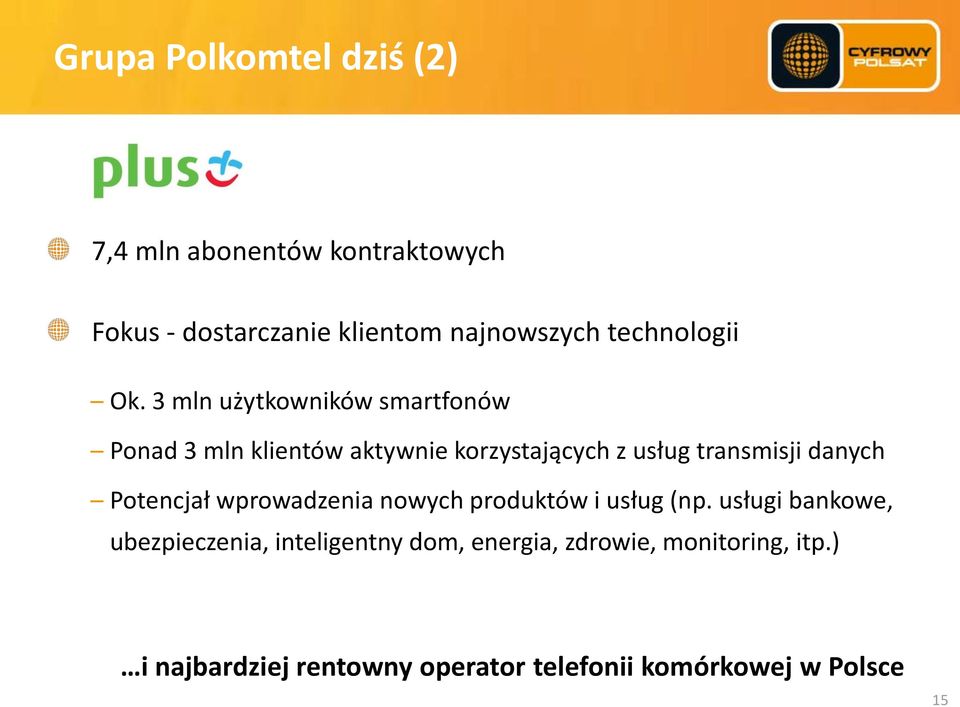 3 mln użytkowników smartfonów Ponad 3 mln klientów aktywnie korzystających z usług transmisji danych