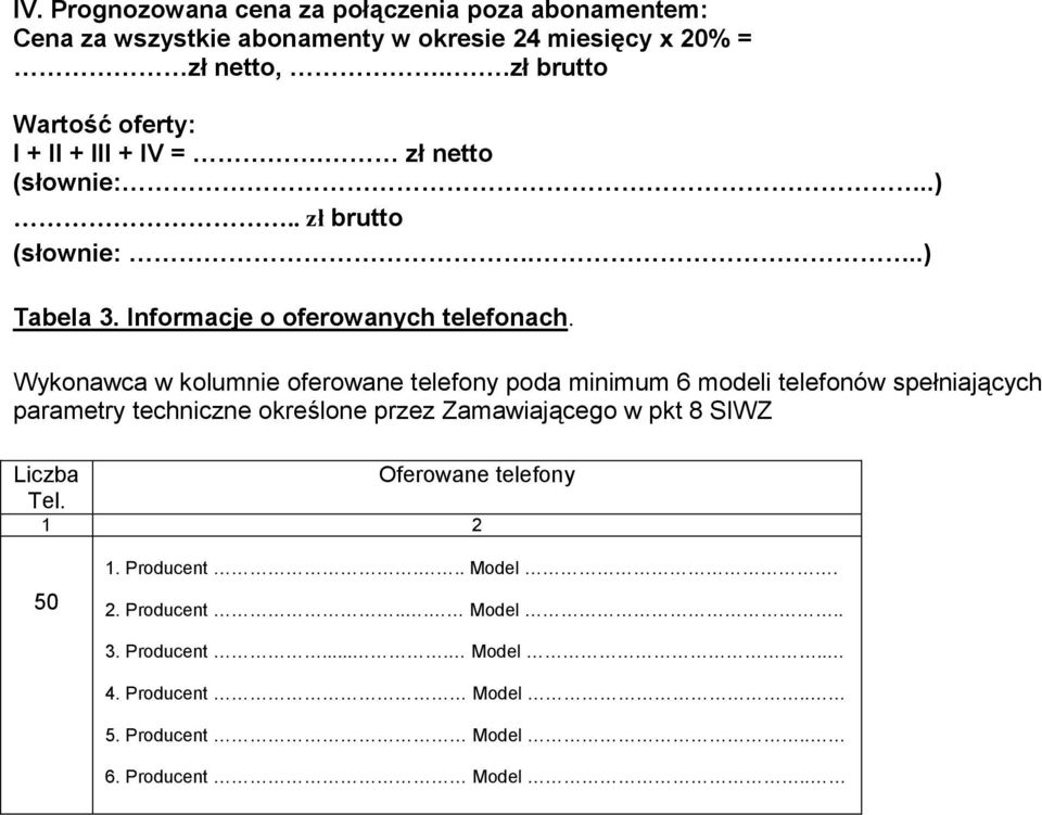 Wykonawca w kolumnie oferowane telefony poda minimum 6 modeli telefonów spełniających parametry techniczne określone przez Zamawiającego w pkt 8