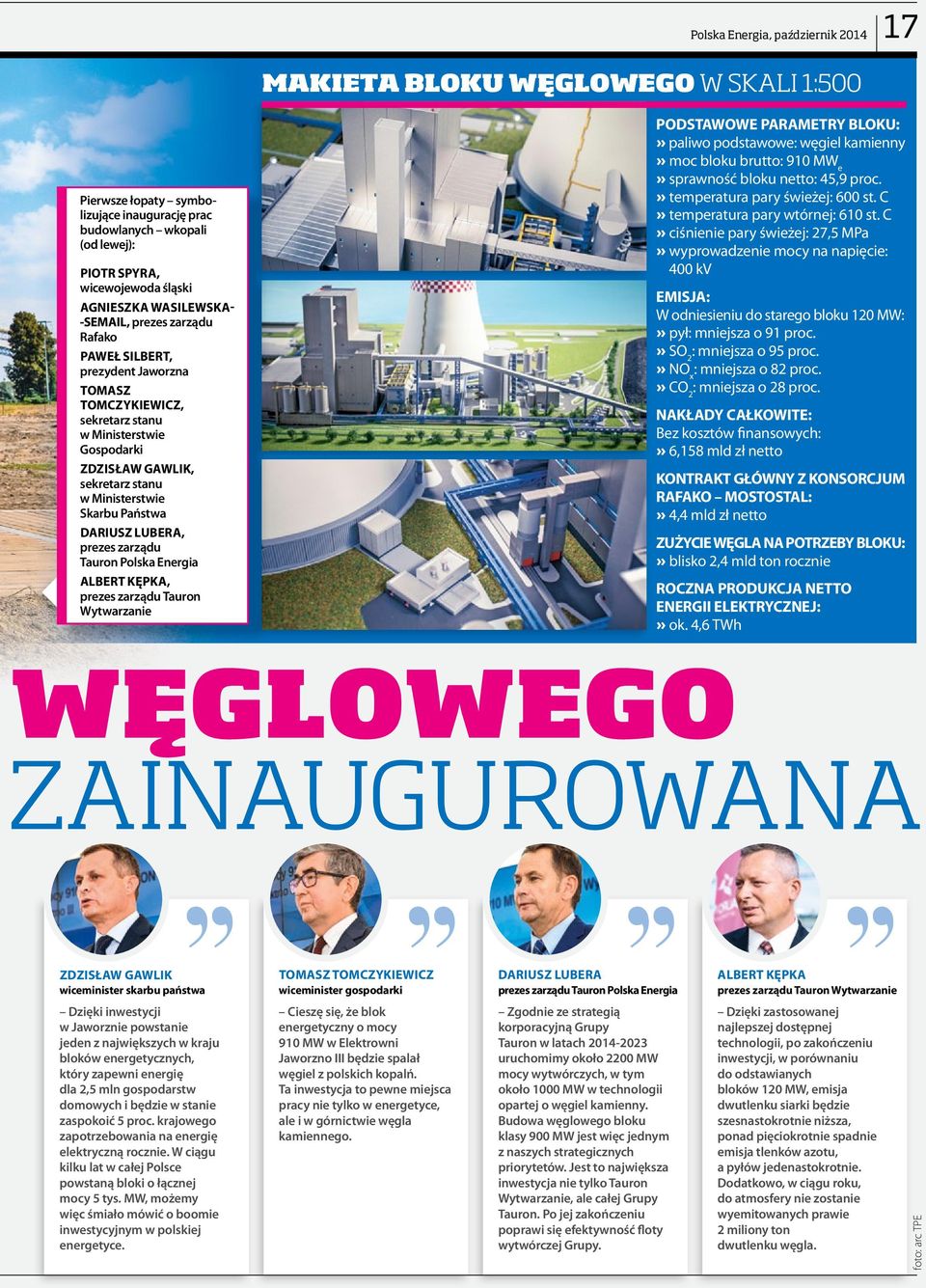 Państwa DARIUSZ LUBERA, prezes zarządu Tauron Polska Energia ALBERT KĘPKA, prezes zarządu Tauron Wytwarzanie PODSTAWOWE PARAMETRY BLOKU:» paliwo podstawowe: węgiel kamienny» moc bloku brutto: 910 MW