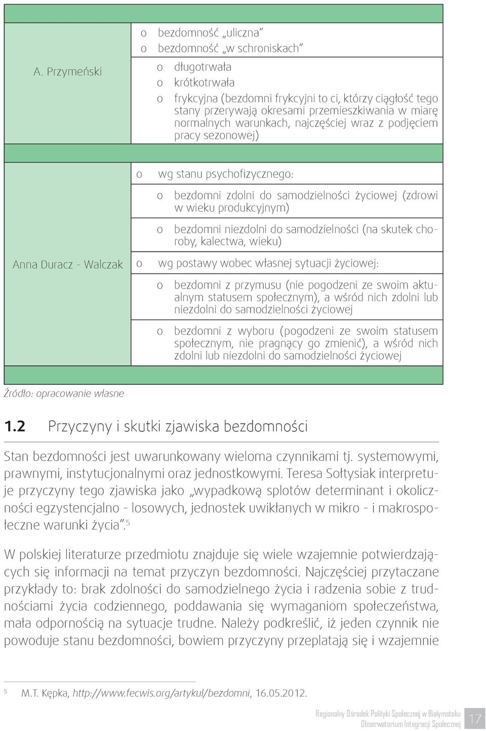 produkcyjnym) o bezdomni niezdolni do samodzielności (na skutek choroby kalectwa wieku) wg postawy wobec własnej sytuacji życiowej: o bezdomni z przymusu (nie pogodzeni ze swoim aktualnym statusem