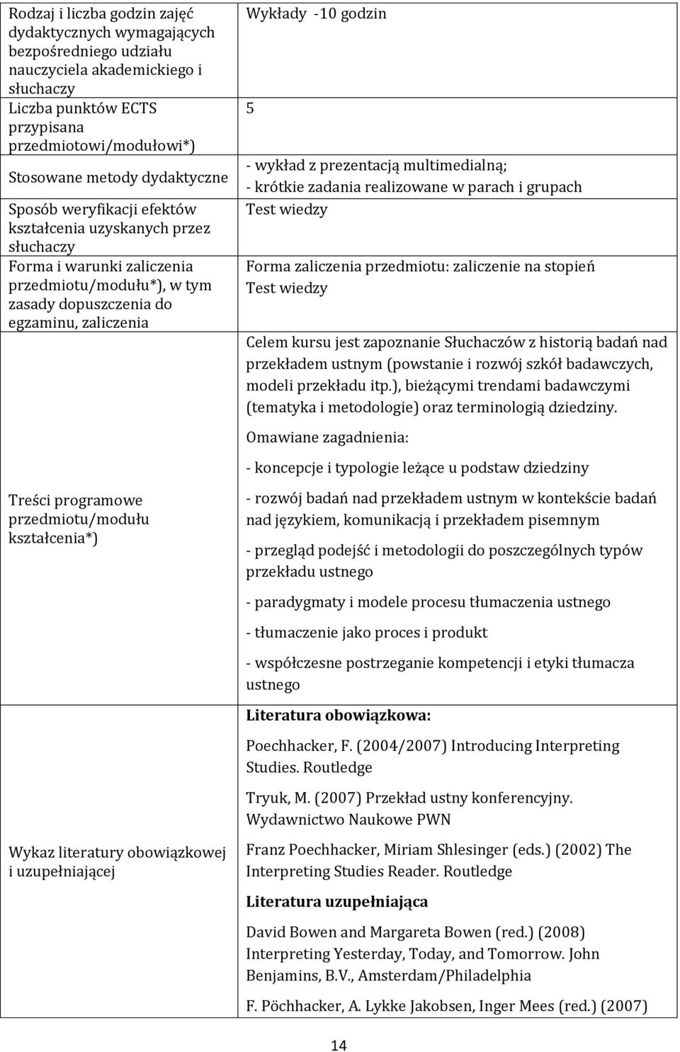 multimedialną; - krótkie zadania realizowane w parach i grupach Test wiedzy Forma zaliczenia przedmiotu: zaliczenie na stopień Test wiedzy Celem kursu jest zapoznanie Słuchaczów z historią badań nad