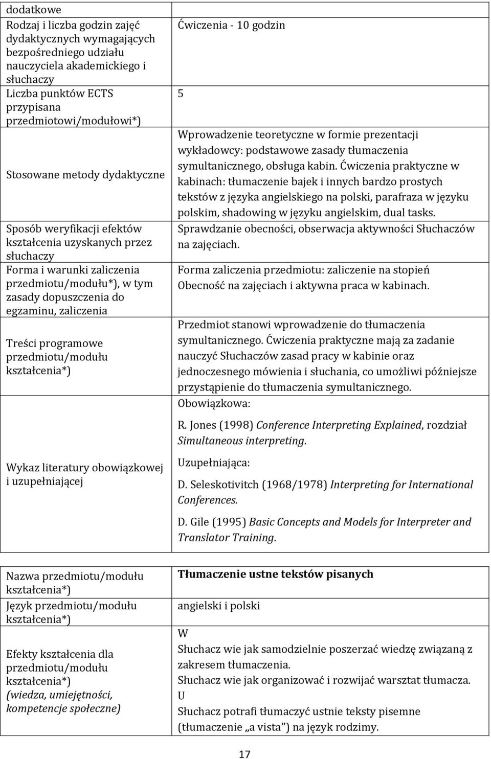 uzupełniającej Ćwiczenia - 10 godzin 5 Wprowadzenie teoretyczne w formie prezentacji wykładowcy: podstawowe zasady tłumaczenia symultanicznego, obsługa kabin.