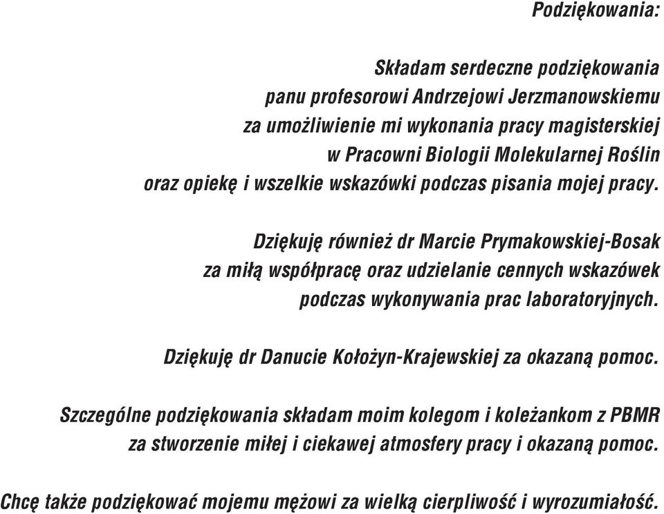 Dziêkujê równie dr Marcie Prymakowskiej-Bosak za mi³¹ wspó³pracê oraz udzielanie cennych wskazówek podczas wykonywania prac laboratoryjnych.