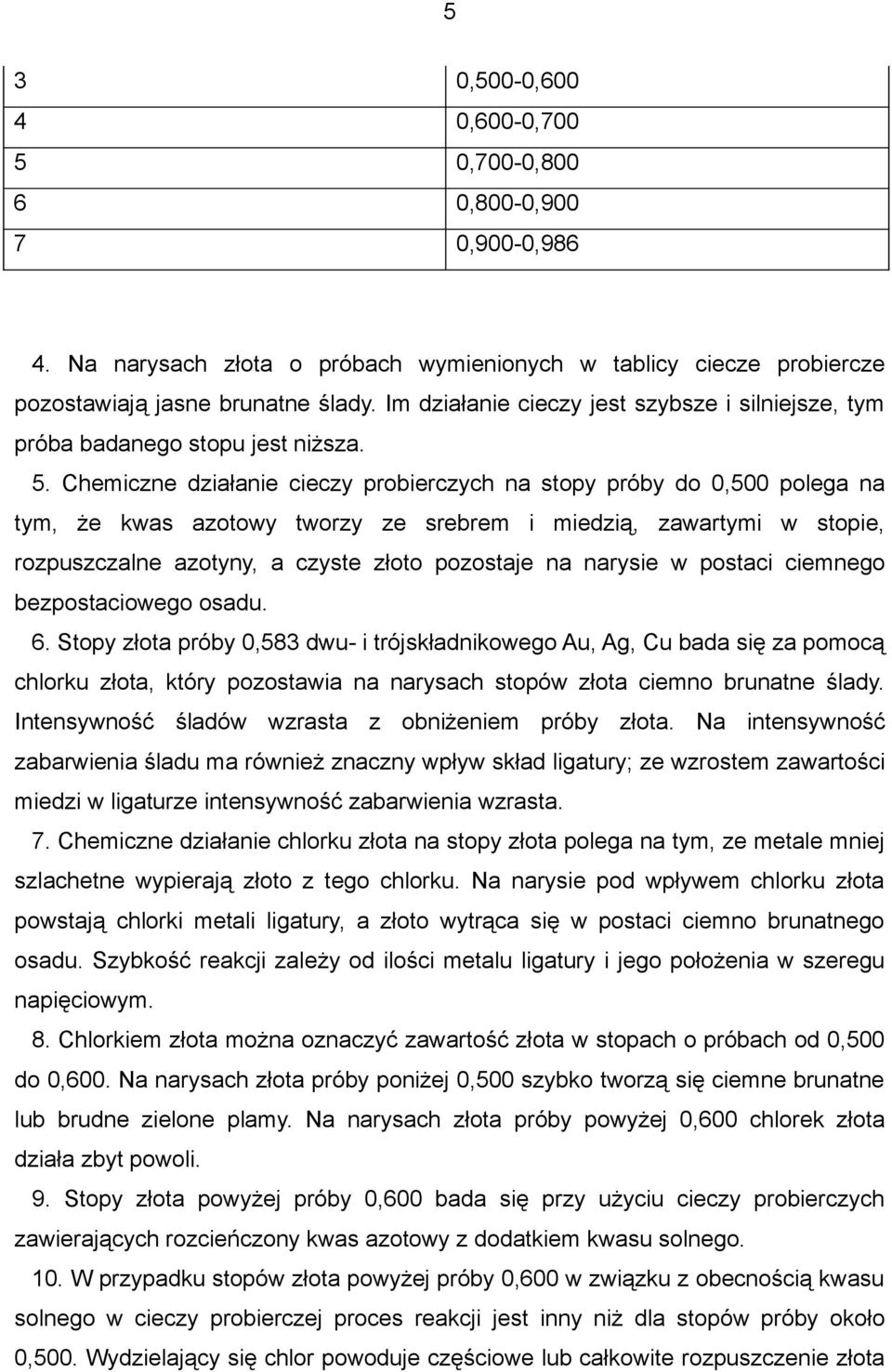 Chemiczne działanie cieczy probierczych na stopy próby do 0,500 polega na tym, że kwas azotowy tworzy ze srebrem i miedzią, zawartymi w stopie, rozpuszczalne azotyny, a czyste złoto pozostaje na