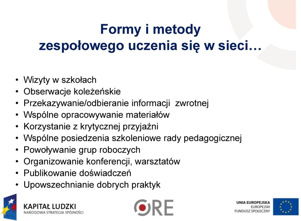 krytycznej przyjaźni Wspólne posiedzenia szkoleniowe rady pedagogicznej Powoływanie grup