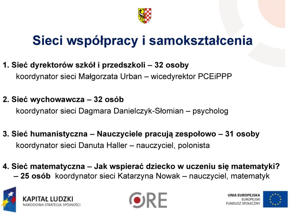 Sieć wychowawcza 32 osób koordynator sieci Dagmara Danielczyk-Słomian psycholog 3.
