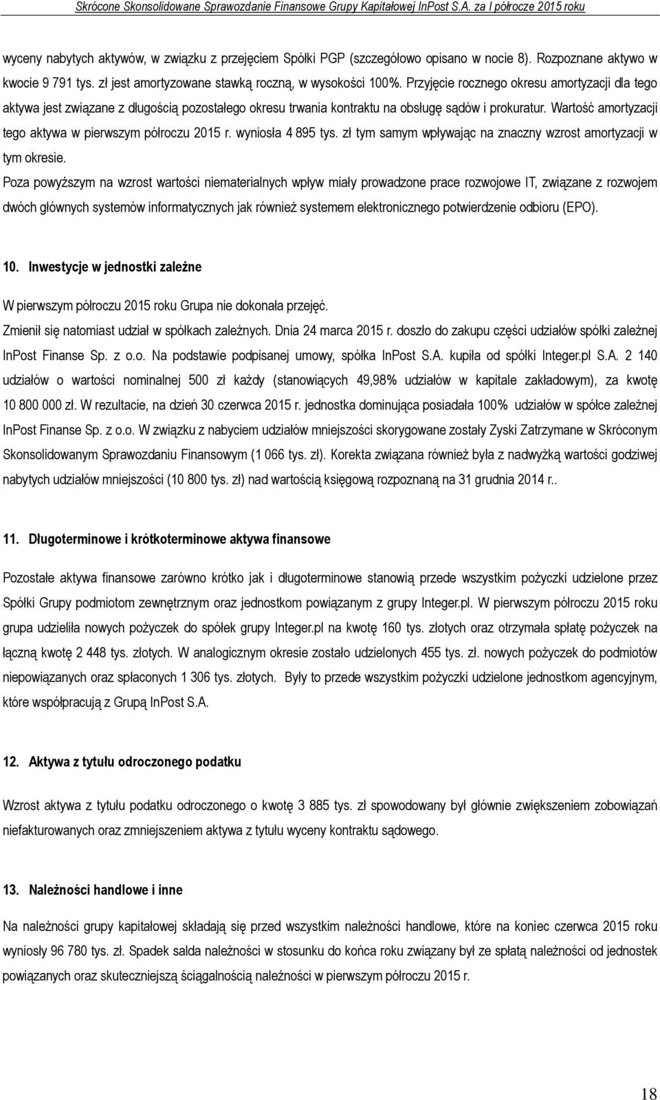 Wartość amortyzacji tego aktywa w pierwszym półroczu 2015 r. wyniosła 4 895 tys. zł tym samym wpływając na znaczny wzrost amortyzacji w tym okresie.