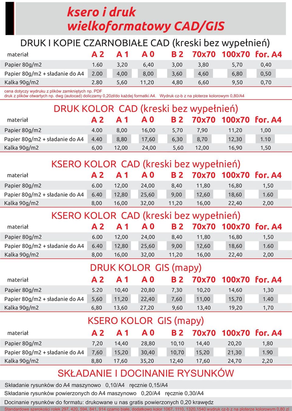 dwg (autocad) doliczamy 0,20zł/do każdej formatki A4. Wydruk cz-b z na ploterze kolorowym 0,80/A4 DRUK KOLOR CAD (kreski bez wypełnień) Papier 80g/m2 4.