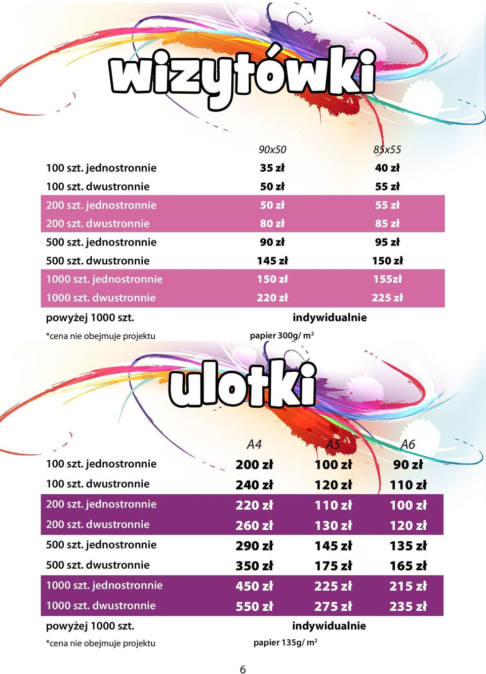 indywidualnie *cena nie obejmuje projektu papier 300g/ m 2 ulotki A4 A5 A6 100 szt. jednostronnie 200 zł 100 zł 90 zł 100 szt. dwustronnie 240 zł 120 zł 110 zł 200 szt.