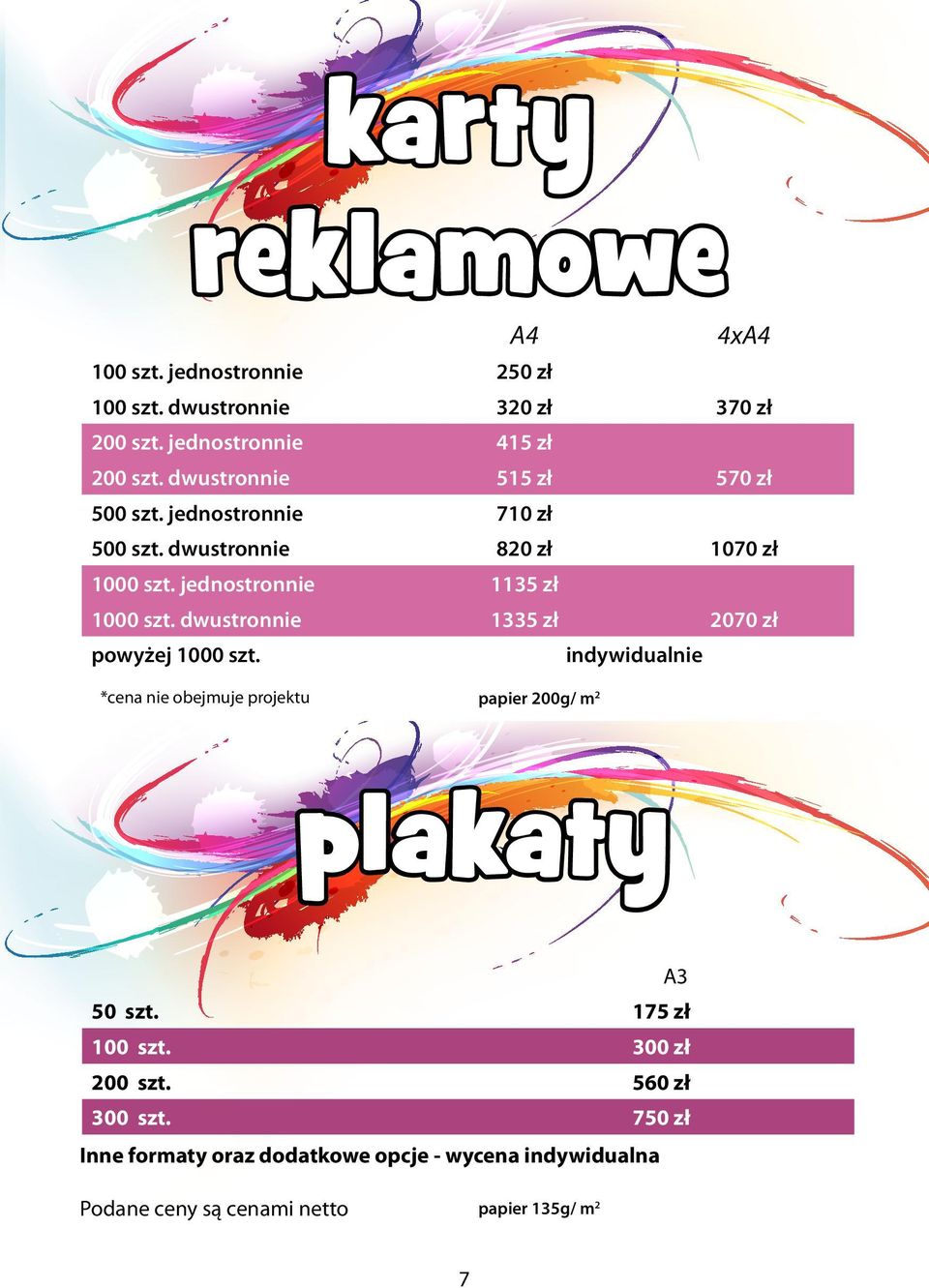 dwustronnie 1335 zł 2070 zł powyżej 1000 szt. indywidualnie *cena nie obejmuje projektu papier 200g/ m 2 plakaty A3 50 szt.