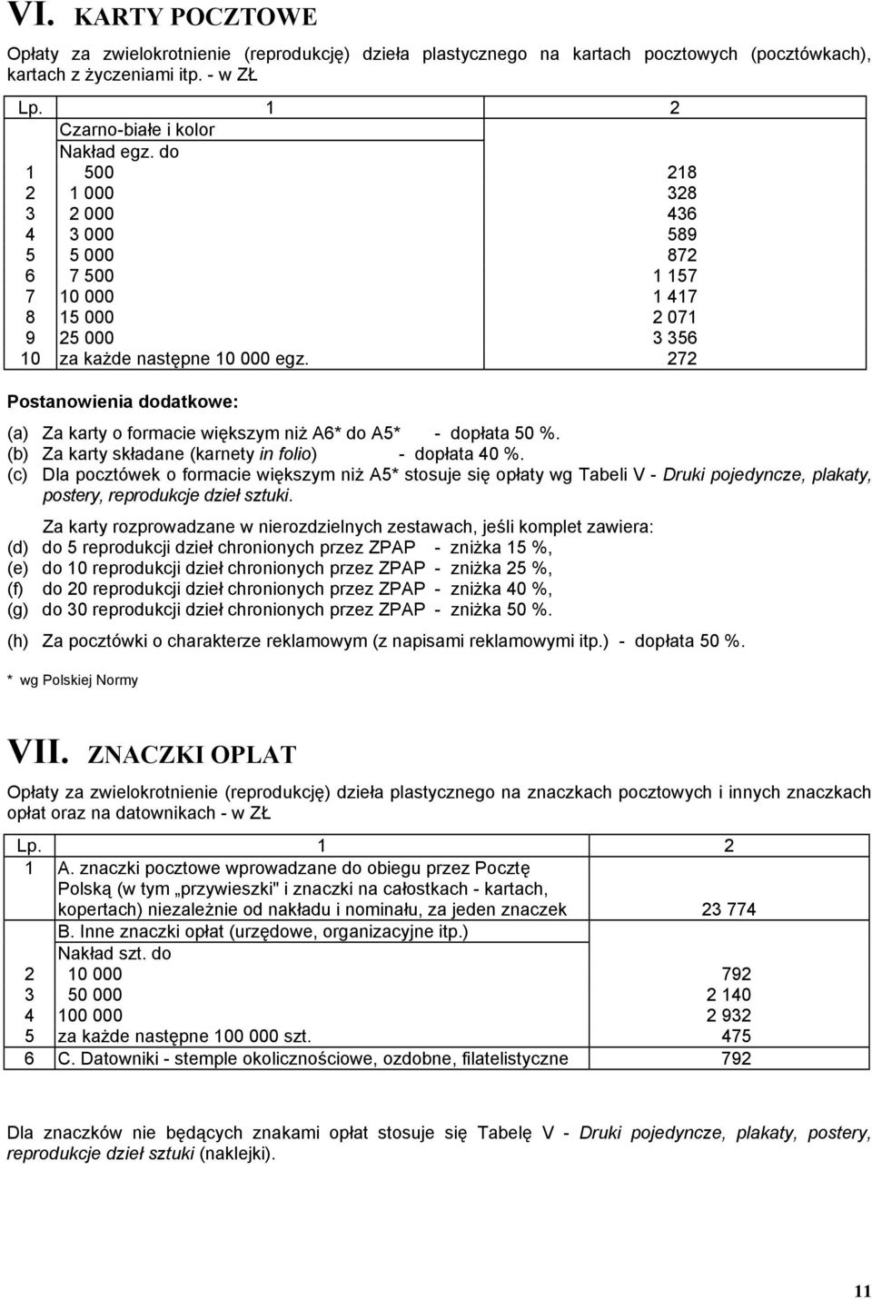 272 (a) Za karty o formacie większym niż A6* do A5* - dopłata 50 %. (b) Za karty składane (karnety in folio) - dopłata 40 %.