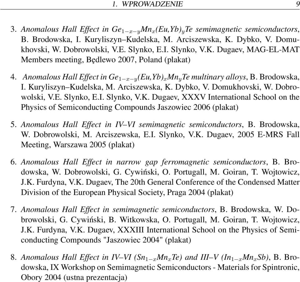 Kuryliszyn Kudelska, M. Arciszewska, K. Dybko, V. Domukhovski, W. Dobrowolski, V.E. Slynko, E.I. Slynko, V.K. Dugaev, XXXV International School on the Physics of Semiconducting Compounds Jaszowiec 2006 (plakat) 5.