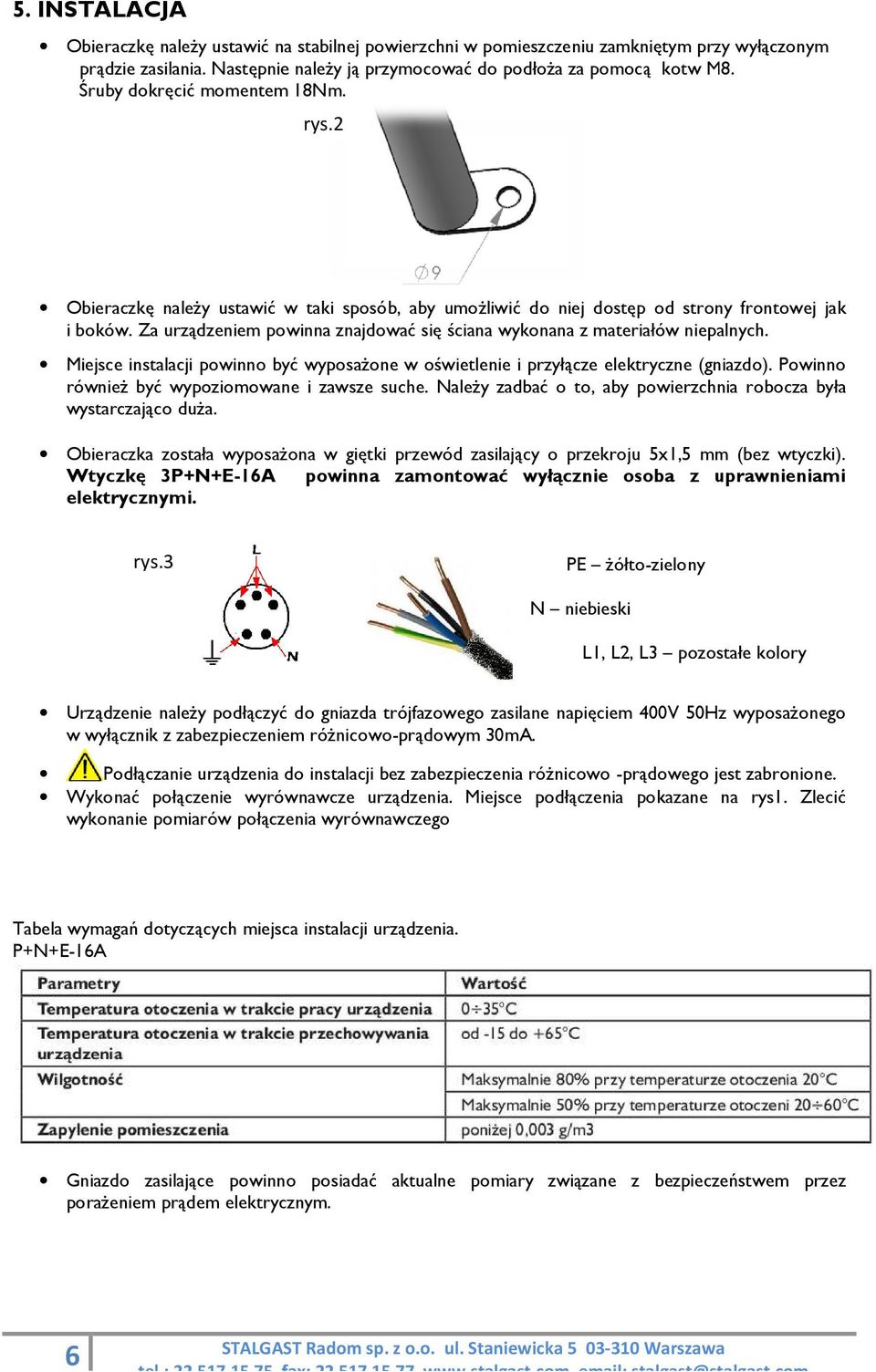 Za urządzeniem powinna znajdować się ściana wykonana z materiałów niepalnych. Miejsce instalacji powinno być wyposażone w oświetlenie i przyłącze elektryczne (gniazdo).