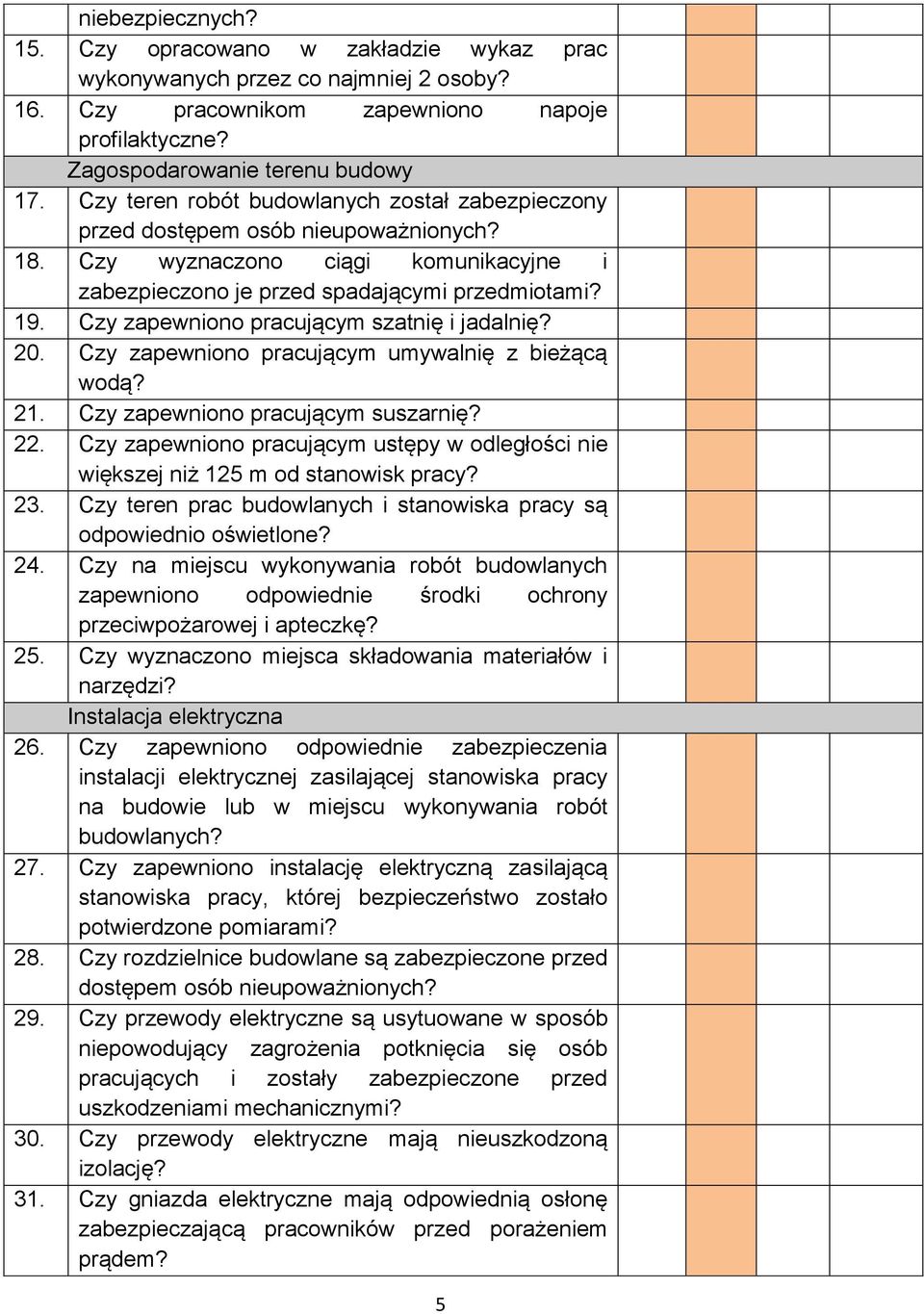 Czy zapewniono pracującym szatnię i jadalnię? 20. Czy zapewniono pracującym umywalnię z bieżącą wodą? 21. Czy zapewniono pracującym suszarnię? 22.