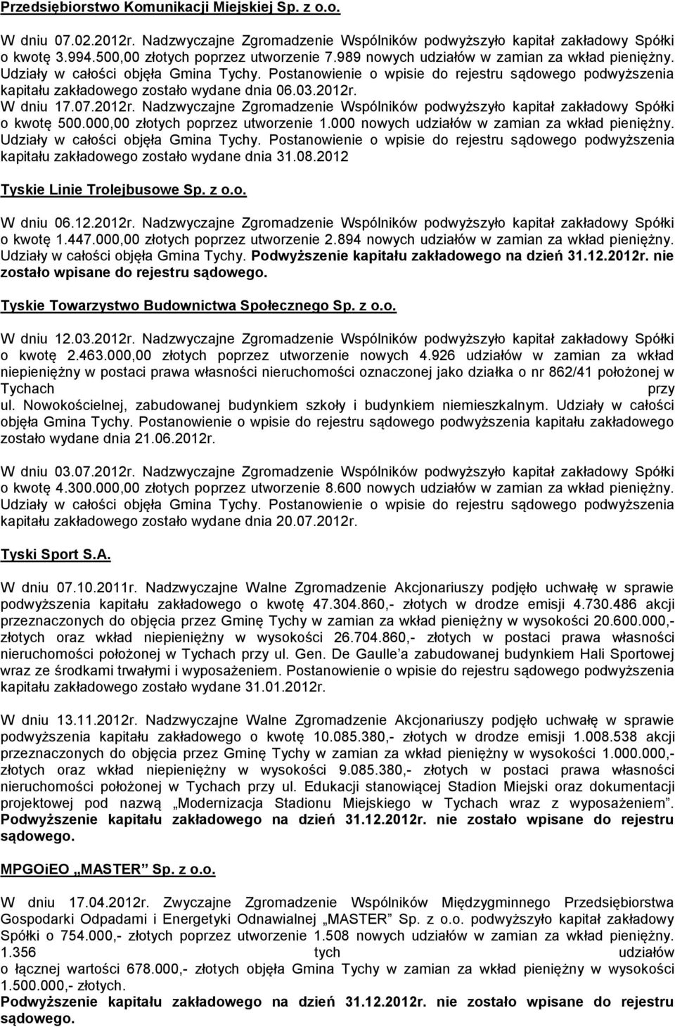 W dniu 17.07.2012r. Nadzwyczajne Zgromadzenie Wspólników podwyższyło kapitał zakładowy Spółki o kwotę 500.000,00 złotych poprzez utworzenie 1.000 nowych udziałów w zamian za wkład pieniężny.