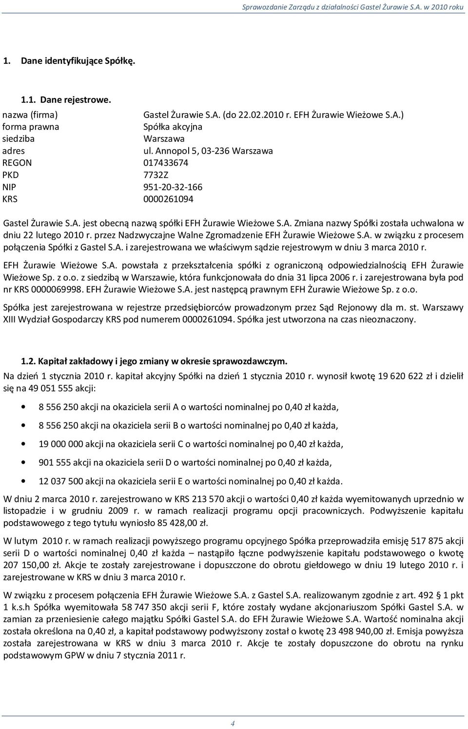 przez Nadzwyczajne Walne Zgromadzenie EFH Żurawie Wieżowe S.A. w związku z procesem połączenia Spółki z Gastel S.A. i zarejestrowana we właściwym sądzie rejestrowym w dniu 3 marca 2010 r.