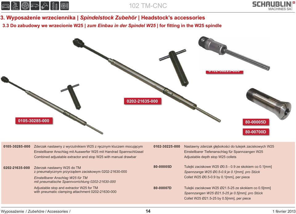 wyrzutnikiem W25 z ręcznym kluczem mocującym Einstellbarer Anschlag mit Auswerfer W25 mit Handrad Spannschlüssel Combined adjustable extractor and stop W25 with manual drawbar 0102-30225-000 Nastawny