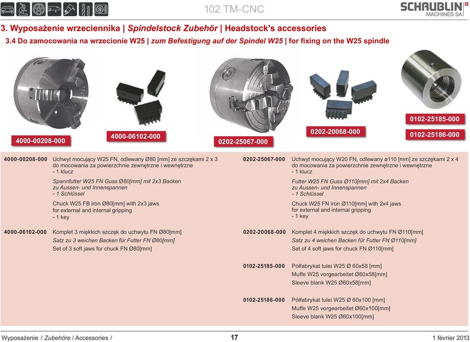 4000-00208-000 Uchwyt mocujący W25 FN, odlewany Ø80 [mm] ze szczękami 2 x 3 do mocowania za powierzchnie zewnętrzne i wewnętrzne - 1 klucz Spannfutter W25 FN Guss Ø80[mm] mit 2x3 Backen zu Aussen-