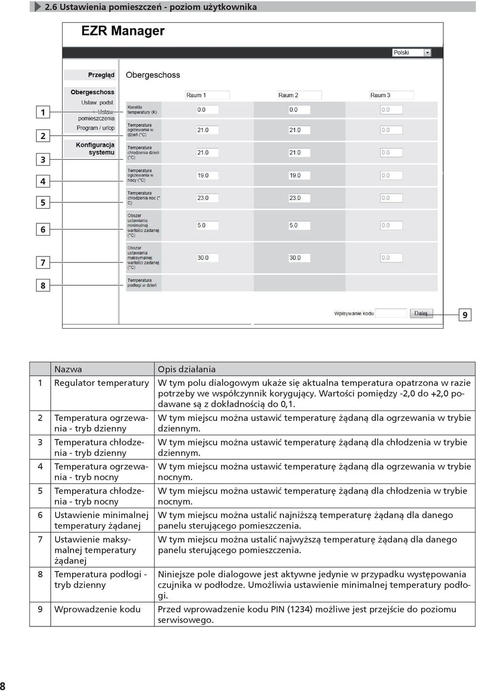 Temperatura ogrzewania - tryb dzienny Temperatura chłodzenia - tryb dzienny Temperatura ogrzewania - tryb nocny Temperatura chłodzenia - tryb nocny Ustawienie minimalnej temperatury żądanej 7