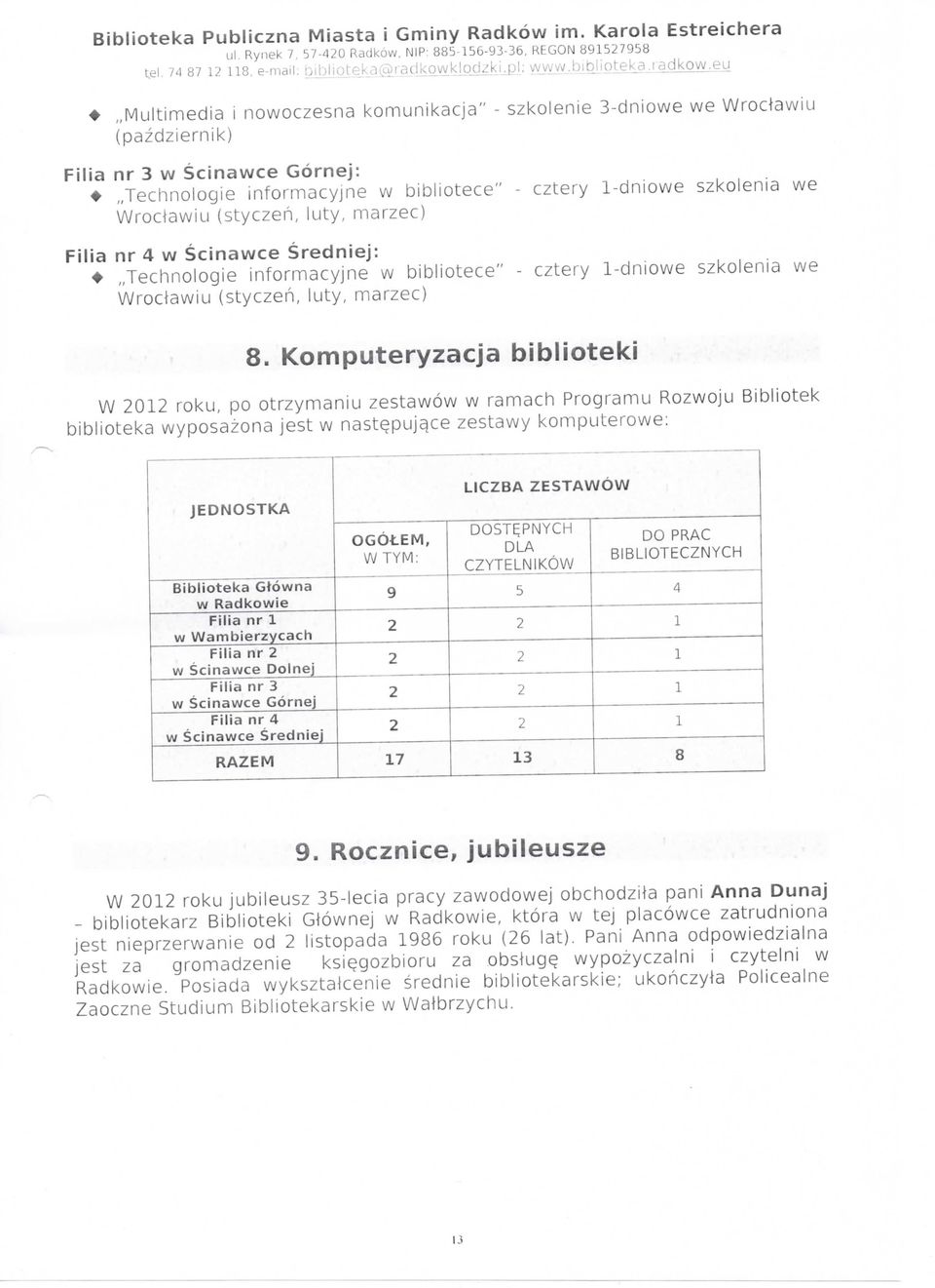 eu Multimedia i nooczesna komunikacja" - szkolenie 3-dnioe e Wroctaiu (pazdziernik) Scinace Görnej: Technologie informacyjne bibliotece" - cztery 1-dnioe szkolenia e Wroctaiu (styczeh, luty, marzec)