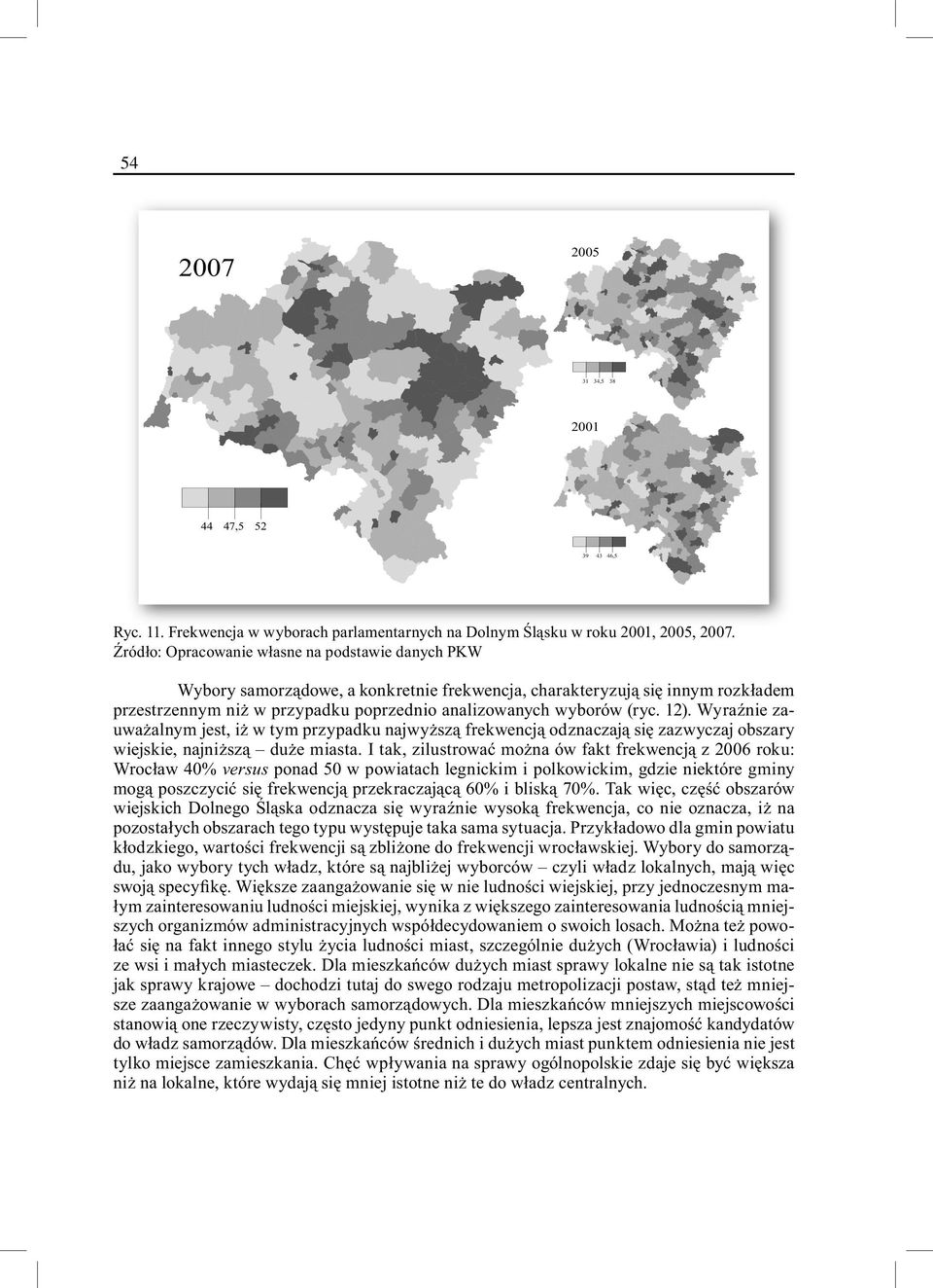 12). Wyraźnie zauważalnym jest, iż w tym przypadku najwyższą frekwencją odznaczają się zazwyczaj obszary wiejskie, najniższą duże miasta.