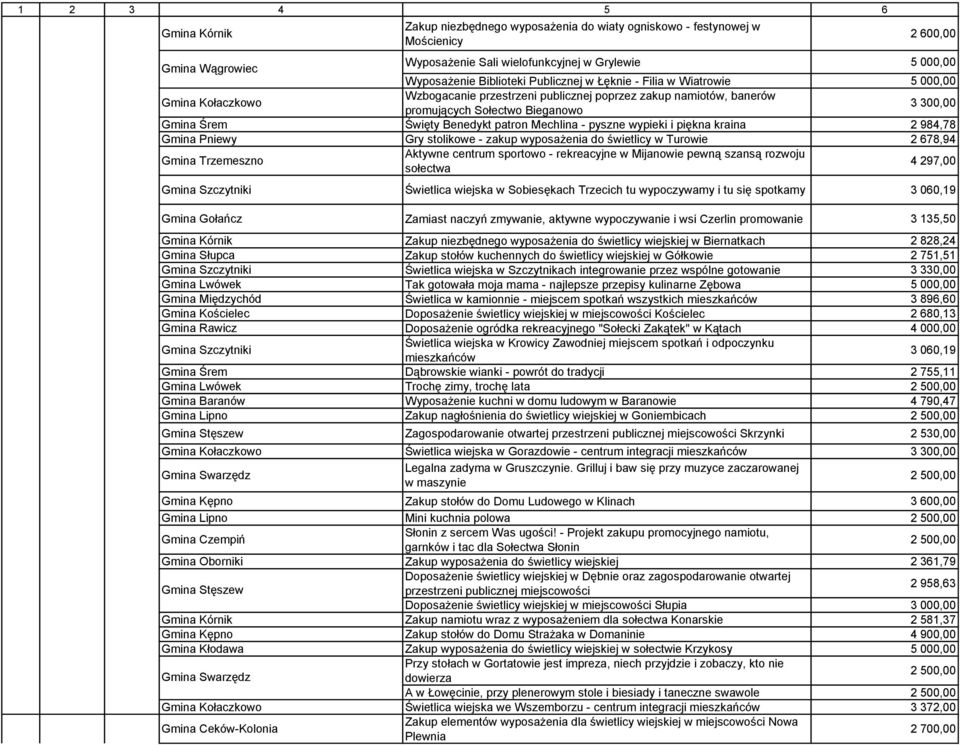 Mechlina pyszne wypieki i piękna kraina 2 984,78 Gmina Pniewy Gry stolikowe zakup wyposażenia do świetlicy w Turowie 2 678,94 Gmina Trzemeszno Aktywne centrum sportowo rekreacyjne w Mijanowie pewną