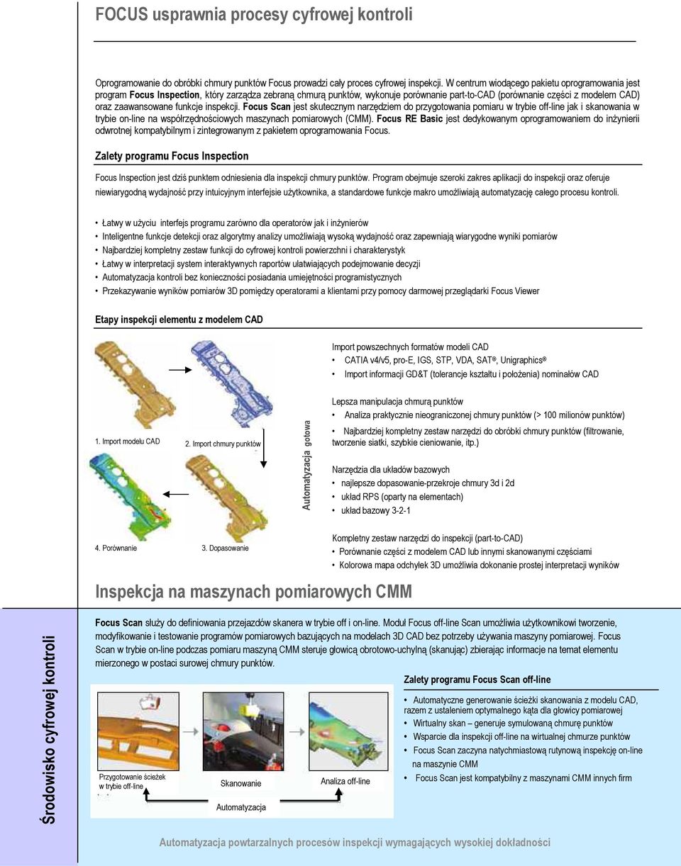 funkcje inspekcji. Focus Scan jest skutecznym narzędziem do przygotowania pomiaru w trybie off-line jak i skanowania w trybie on-line na współrzędnościowych maszynach pomiarowych (CMM).