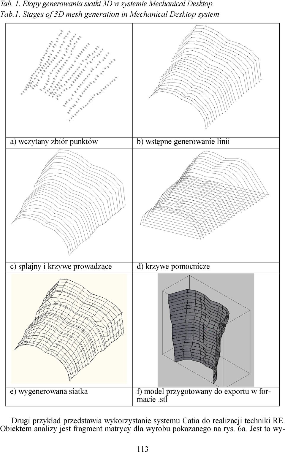 Stages of 3D mesh generation in Mechanical Desktop system a) wczytany zbiór punktów b) wstępne generowanie linii c)