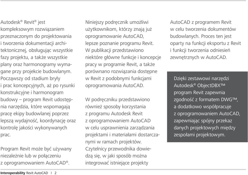 Począwszy od stadium bryły i prac koncepcyjnych, aż po rysunki konstrukcyjne i harmonogram budowy program Revit udostępnia narzędzia, które wspomagają pracę ekipy budowlanej poprzez lepszą wydajność,