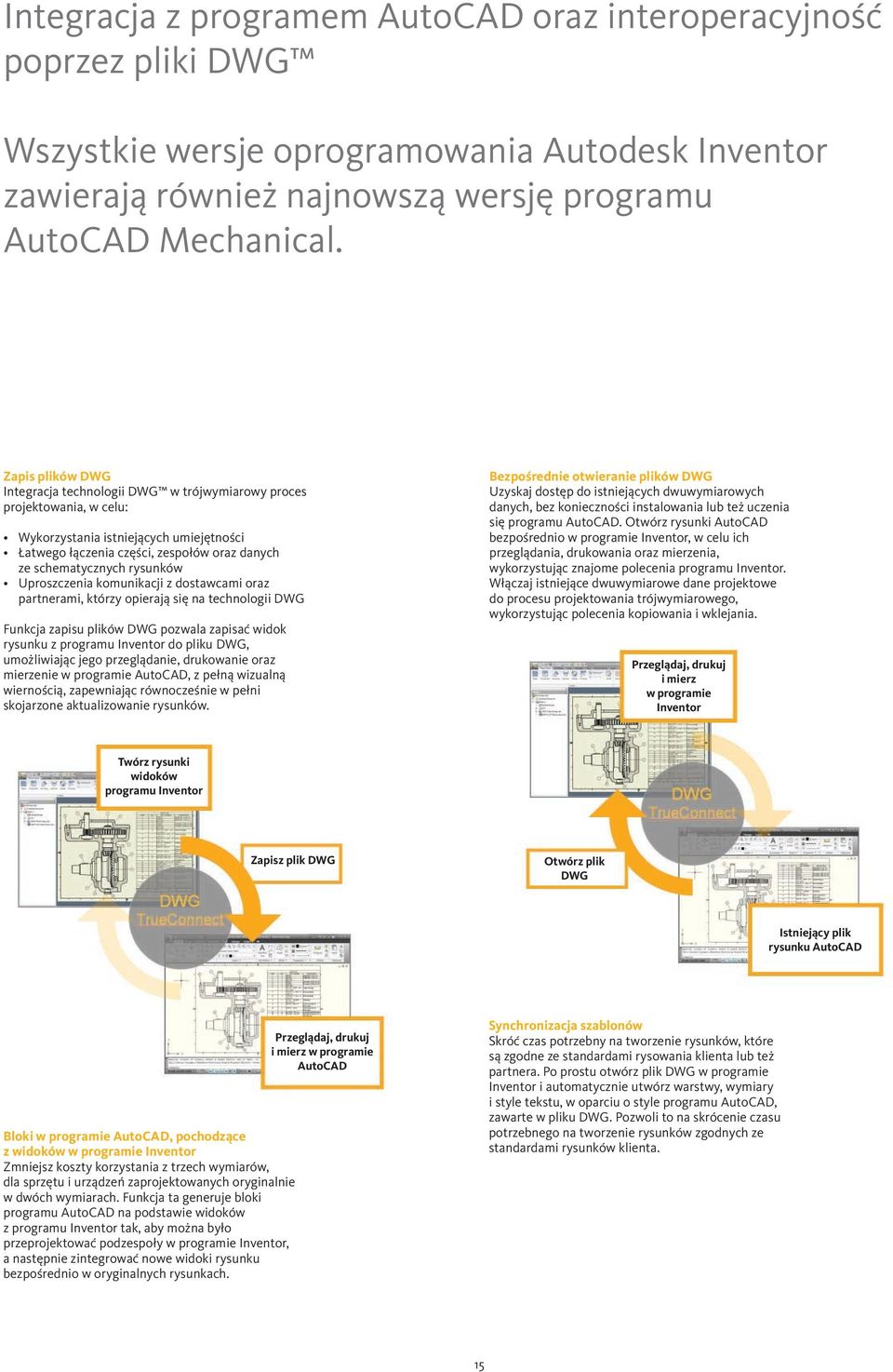 rysunków Uproszczenia komunikacji z dostawcami oraz partnerami, którzy opierają się na technologii DWG Funkcja zapisu plików DWG pozwala zapisać widok rysunku z programu Inventor do pliku DWG,