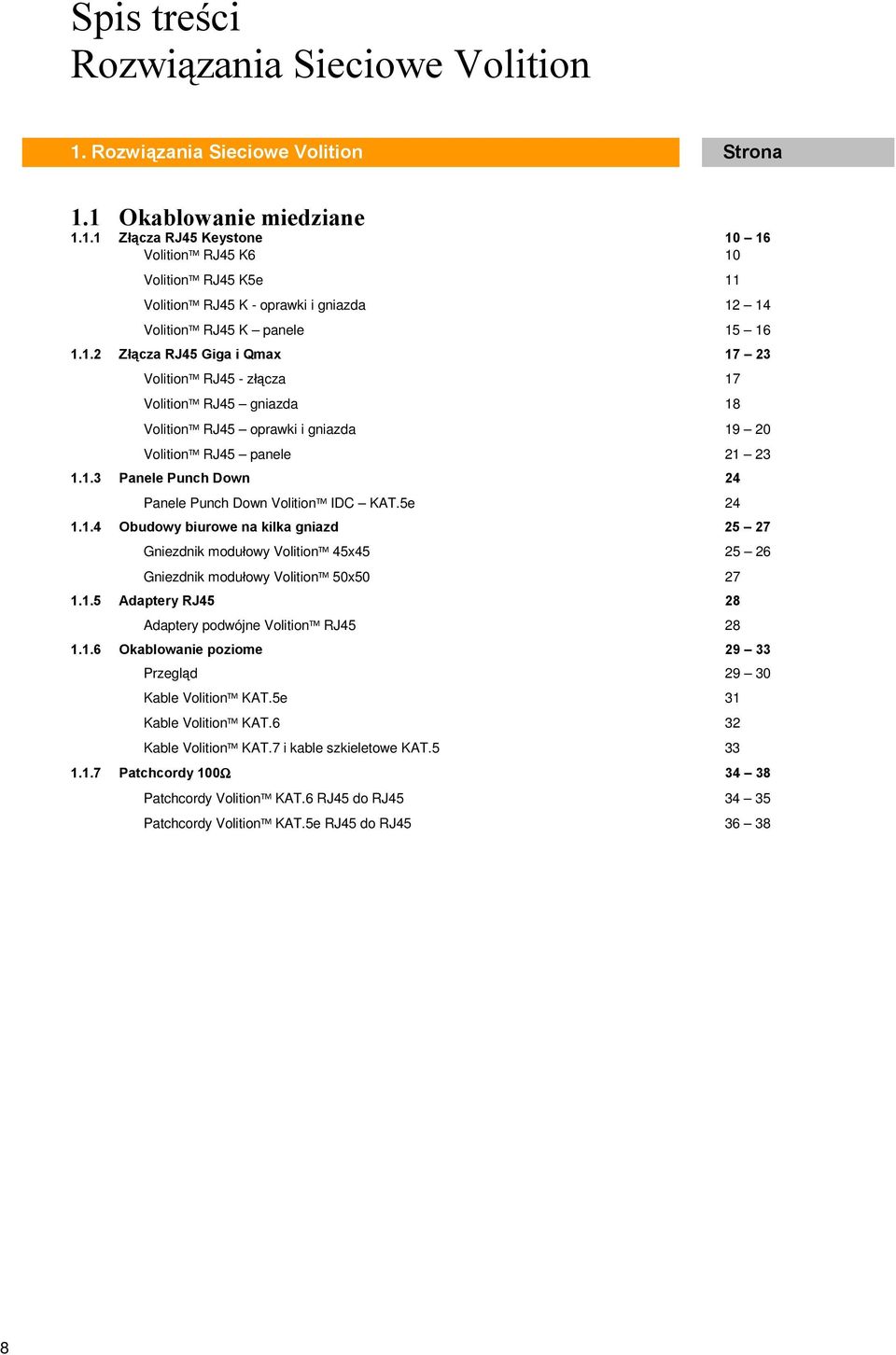 "cza 17 Volition RJ45 gniazda 18 Volition RJ45 oprawki i gniazda 19 20 Volition RJ45 panele 21 23 1.1.3 Panele Punch Down 24 Panele Punch Down Volition IDC KAT.5e 24 1.1.4 Obudowy biurowe na kilka gniazd 25 27 Gniezdnik modu!