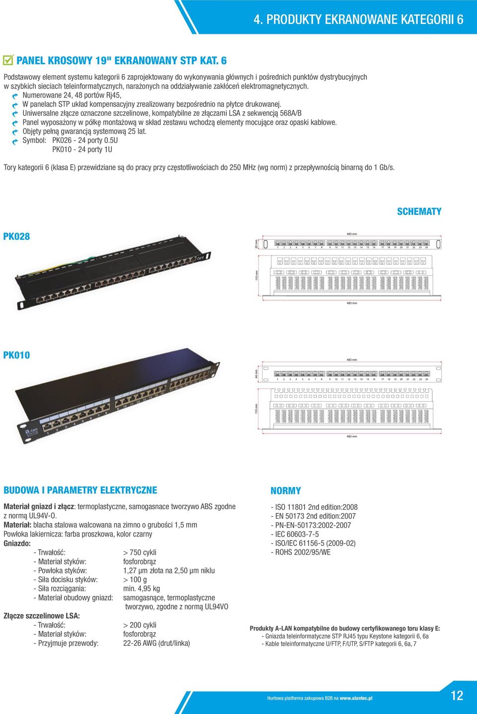 elektromagnetycznych. Numerowane 24, 48 portów Rj45, W panelach STP układ kompensacyjny zrealizowany bezpośrednio na płytce drukowanej.