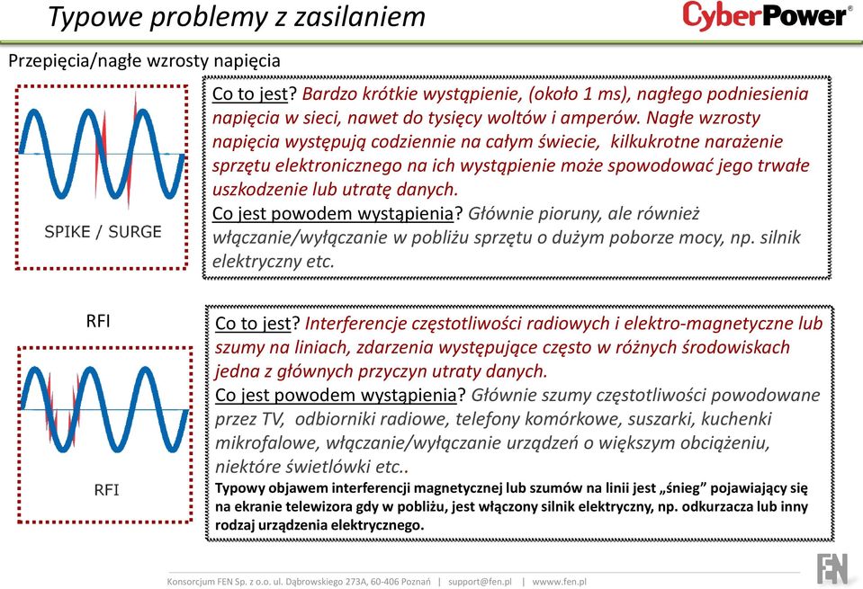 Co jest powodem wystąpienia? Głównie pioruny, ale również włączanie/wyłączanie w pobliżu sprzętu o dużym poborze mocy, np. silnik elektryczny etc. RFI Co to jest?