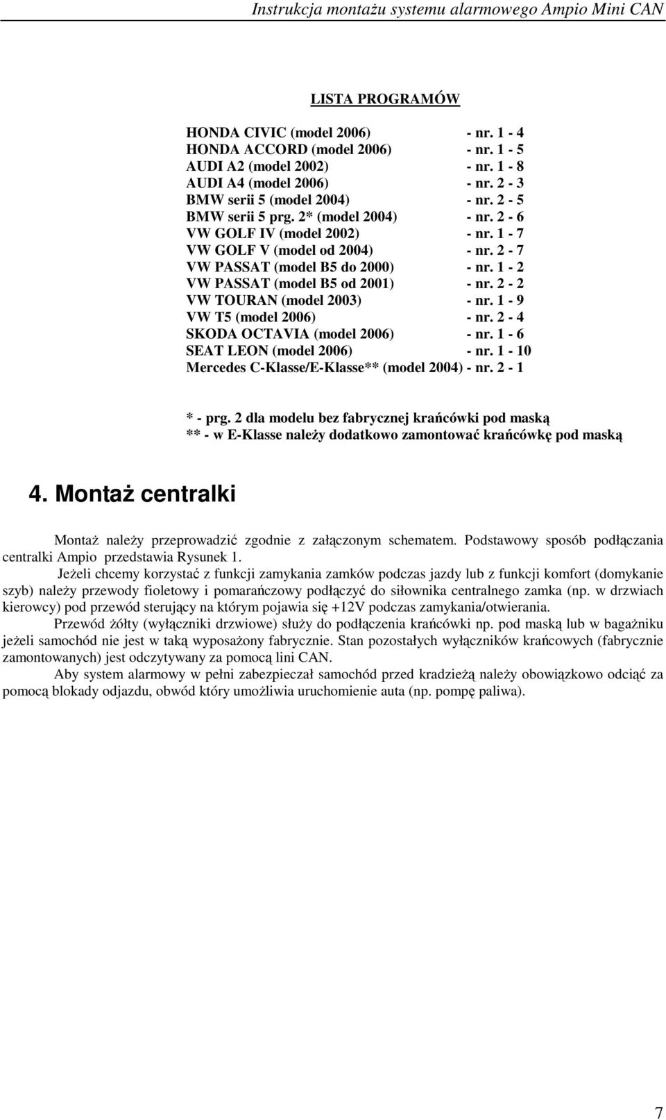 2-2 VW TOURAN (model 2003) - nr. 1-9 VW T5 (model 2006) - nr. 2-4 SKODA OCTAVIA (model 2006) - nr. 1-6 SEAT LEON (model 2006) - nr. 1-10 Mercedes C-Klasse/E-Klasse** (model 2004) - nr. 2-1 * - prg.