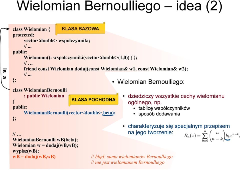 .. class WielomianBernoulli : public Wielomian { KLASA POCHODNA WielomianBernoulli(vector<double> beta); // WielomianBernoulli wb(beta); Wielomian w = dodaj(wb,wb);