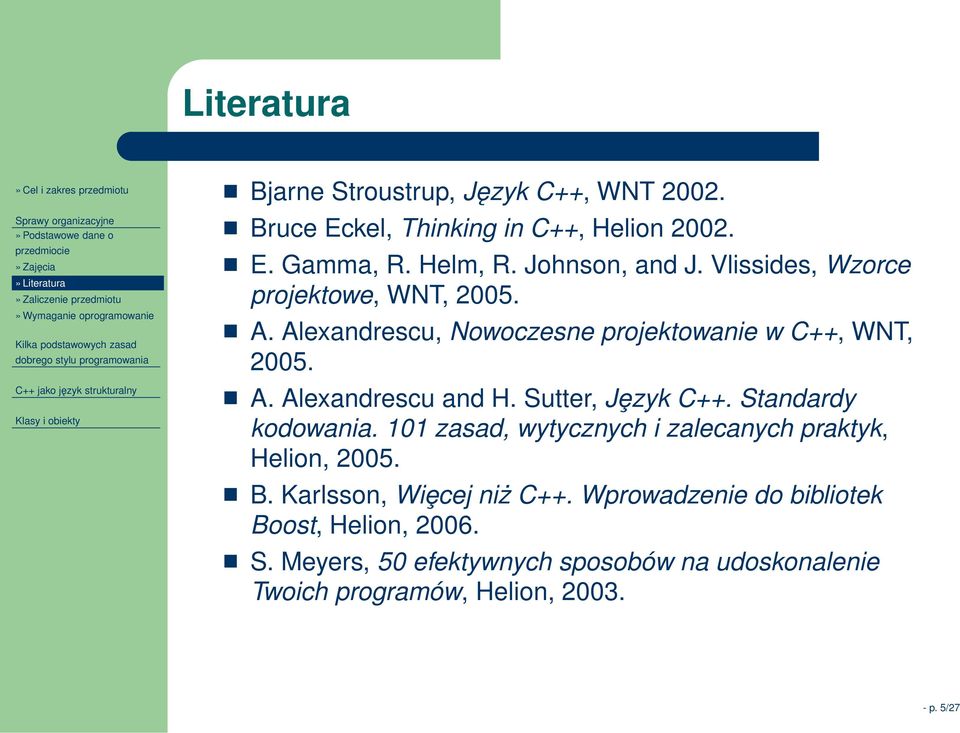 Alexandrescu, Nowoczesne projektowanie w C++, WNT, 2005. A. Alexandrescu and H. Sutter, Jȩzyk C++. Standardy kodowania.