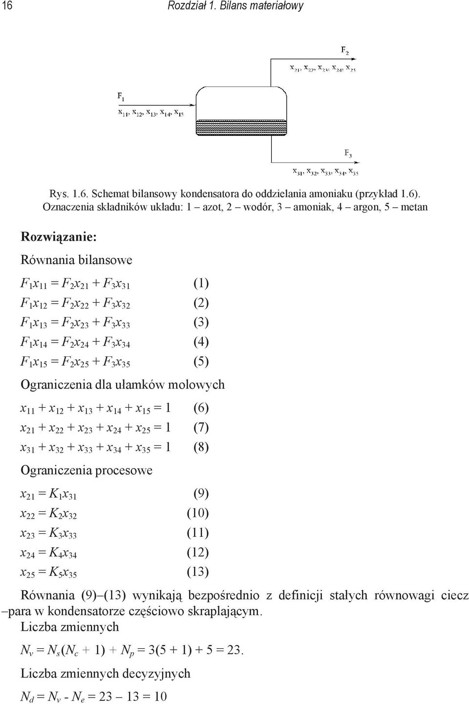 14 = F x 4 + F 3 x 34 (4) F 1 x 15 = F x 5 + F 3 x 35 (5) Ograniczenia dla uamków molowych x 11 + x 1 + x 13 + x 14 + x 15 = 1 (6) x 1 + x + x 3 + x 4 + x 5 = 1 (7) x 31 + x 3 + x 33 + x 34 + x 35 =