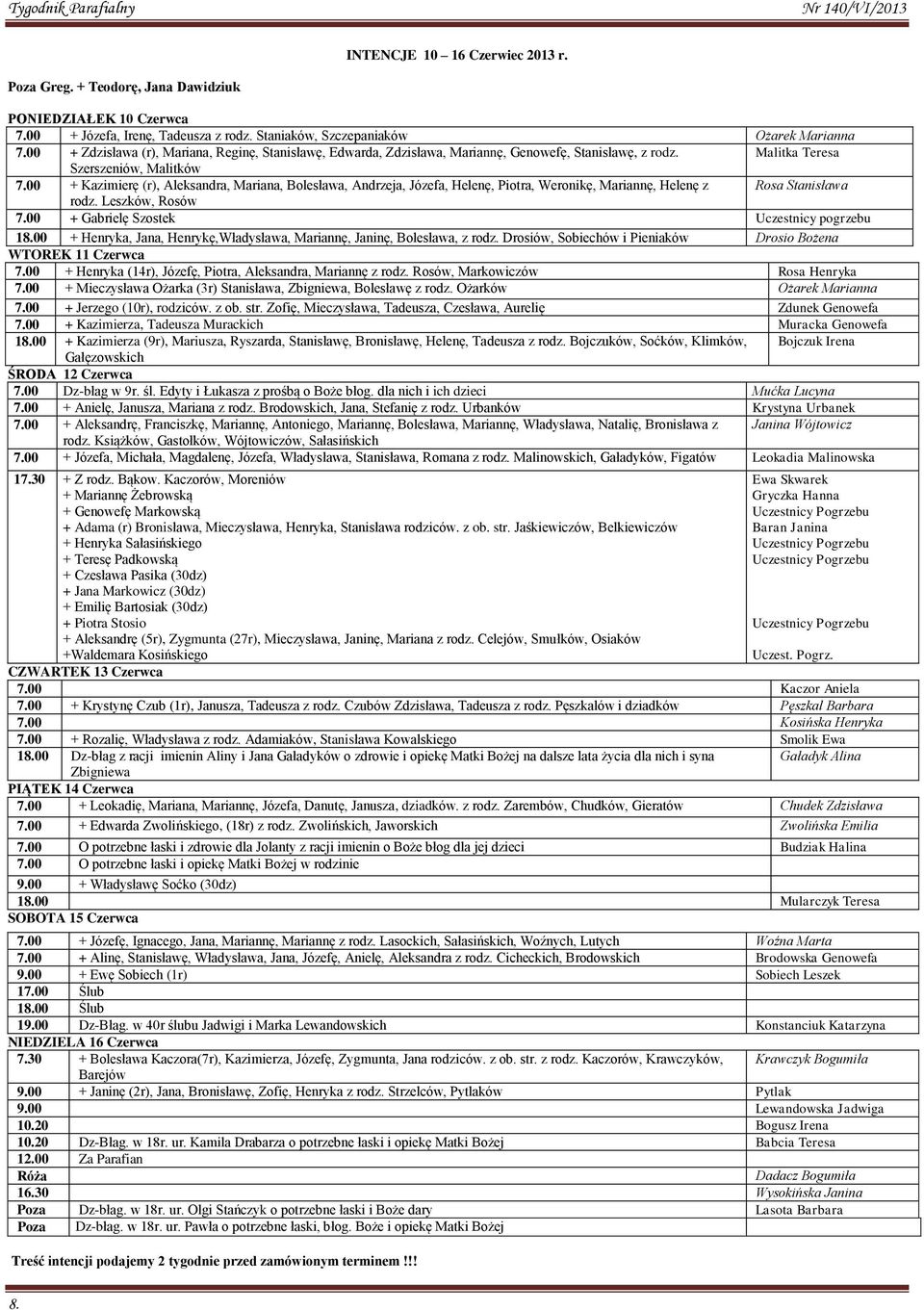 00 + Kazimierę (r), Aleksandra, Mariana, Bolesława, Andrzeja, Józefa, Helenę, Piotra, Weronikę, Mariannę, Helenę z Rosa Stanisława rodz. Leszków, Rosów 7.00 + Gabrielę Szostek Uczestnicy pogrzebu 18.