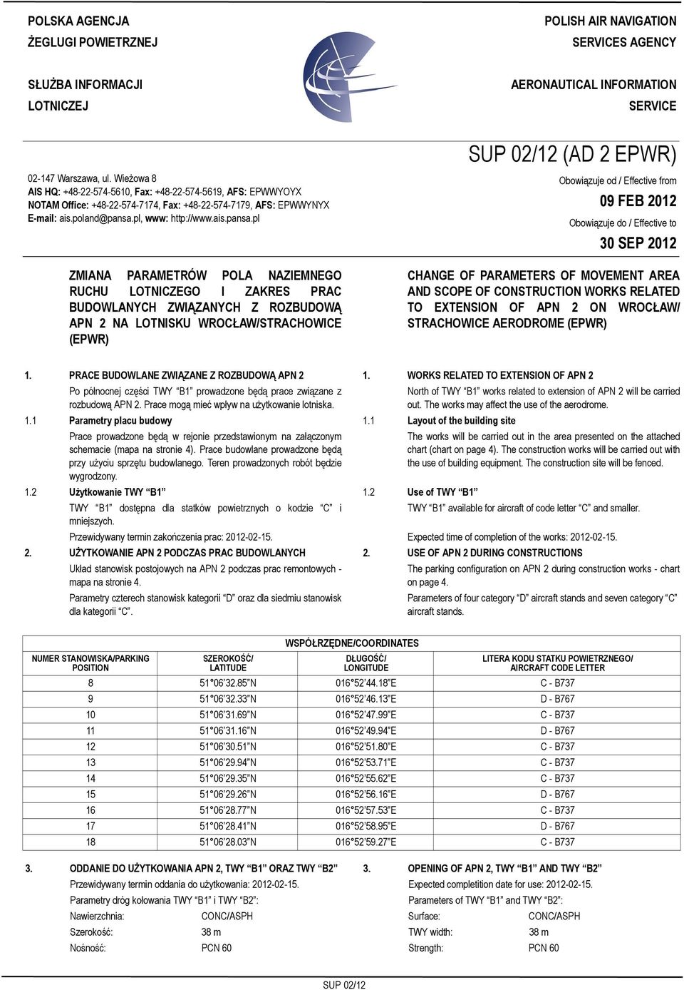 Wieżowa 8 AIS HQ: +48-22-574-5610, Fax: +48-22-574-5619, AFS: EPWWYOYX NOTAM Office: +48-22-574-7174, Fax: +48-22-574-7179, AFS: EPWWYNYX E-mail: ais.poland@pansa.