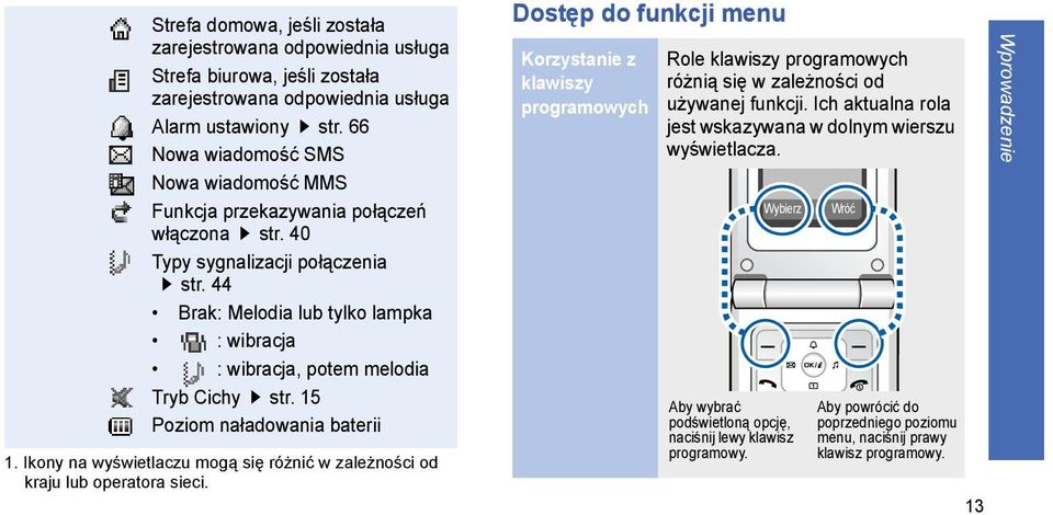 44 Brak: Melodia lub tylko lampka : wibracja : wibracja, potem melodia Tryb Cichy str. 15 Poziom naładowania baterii 1. Ikony na wyświetlaczu mogą się różnić w zależności od kraju lub operatora sieci.