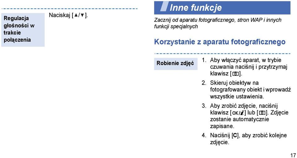 fotograficznego Robienie zdjęć 1. Aby włączyć aparat, w trybie czuwania naciśnij i przytrzymaj klawisz [ ]. 2.