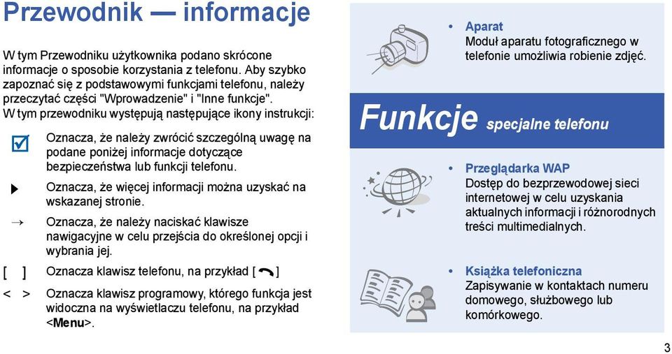 W tym przewodniku występują następujące ikony instrukcji: Oznacza, że należy zwrócić szczególną uwagę na podane poniżej informacje dotyczące bezpieczeństwa lub funkcji telefonu.