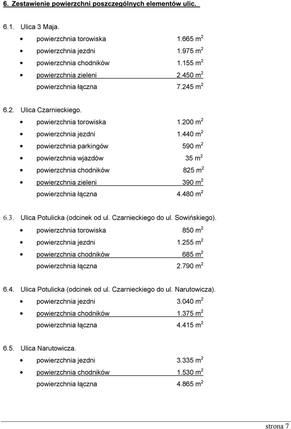 440 m 2 powierzchnia parkingów 590 m 2 powierzchnia wjazdów 35 m 2 powierzchnia chodników 825 m 2 powierzchnia zieleni 390 m 2 powierzchnia łączna 4.480 m 2 6.3. Ulica Potulicka (odcinek od ul.