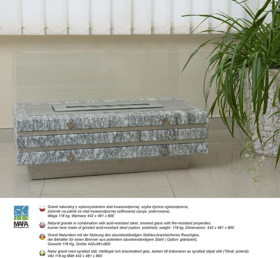 Dimensions: 442 x 481 x 800 Granit Naturstein mit der Nutzung des säurebeständigen Stahles,brandsicheres Rauchglas, der Behälter für einen Brenner aus poliertem säurebeständigem Stahl ( Option: