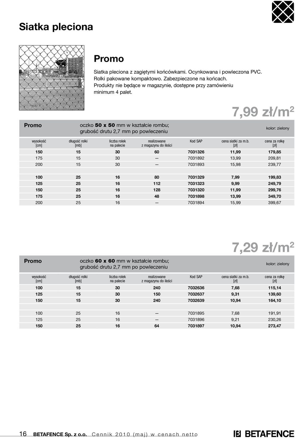 7,99 zł/m 2 Promo oczko 50 x 50 mm w kształcie rombu