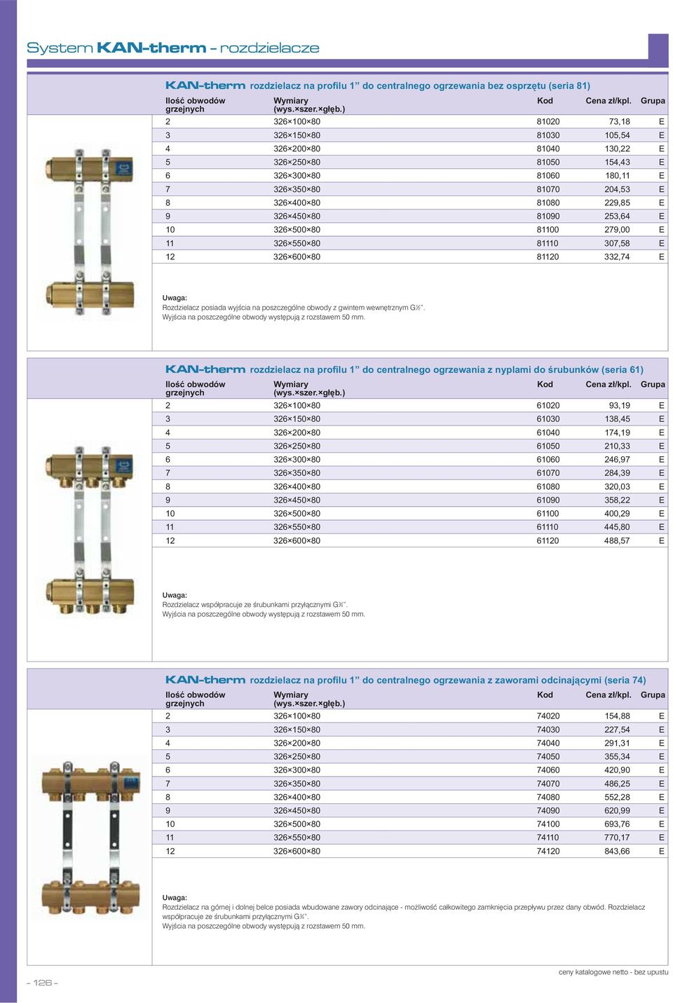 KAN-therm 2 61020 E 3 61030 E 4 61040 E 5 61050 E 6 61060 E 7 61070 E 8 61080 E E 10 61100 E 11 61110 E 12 61120 E Rozdzielacz współpracuje ze śrubunkami przyłącznymi G¾.