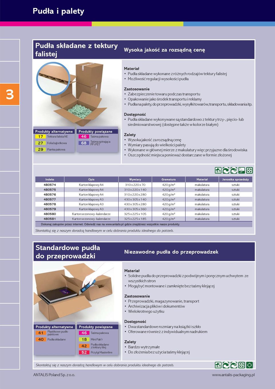 17 Tektura falista NE 46 Taśma pakowa 27 Folia bąbelkowa 68 Taśma spinająca PP i PET 29 Pianka pakowa Pudła składane wykonywane są standardowo z tektury trzy-, pięcio- lub siedmiowarstwowej (dostępne